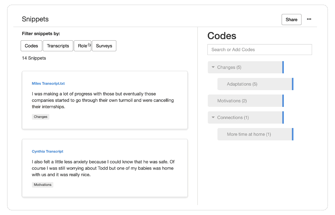 Filter code snippets by Role within your qualitative coding project in Delve. 